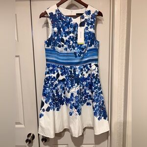 NWT KAREN MILLEN BLUE FLORAL FIT & FLARE DRESS SIZE 10
